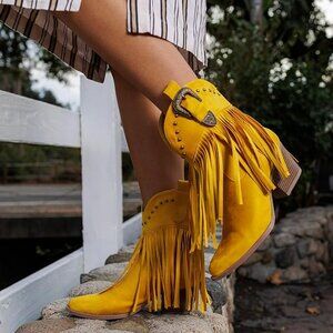 Women's Fringe Cowboy Cowgirl Boots Snip Toe Pull On Dress Western Ankle Bootie